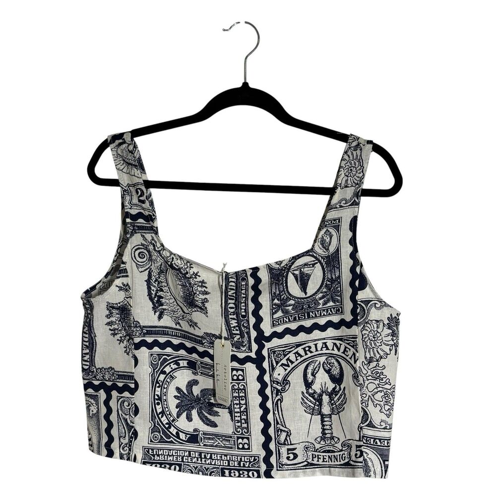 Nicole Miller Artelier Navy/Cream Nautical Print Linen Blend Crop Tank Top L